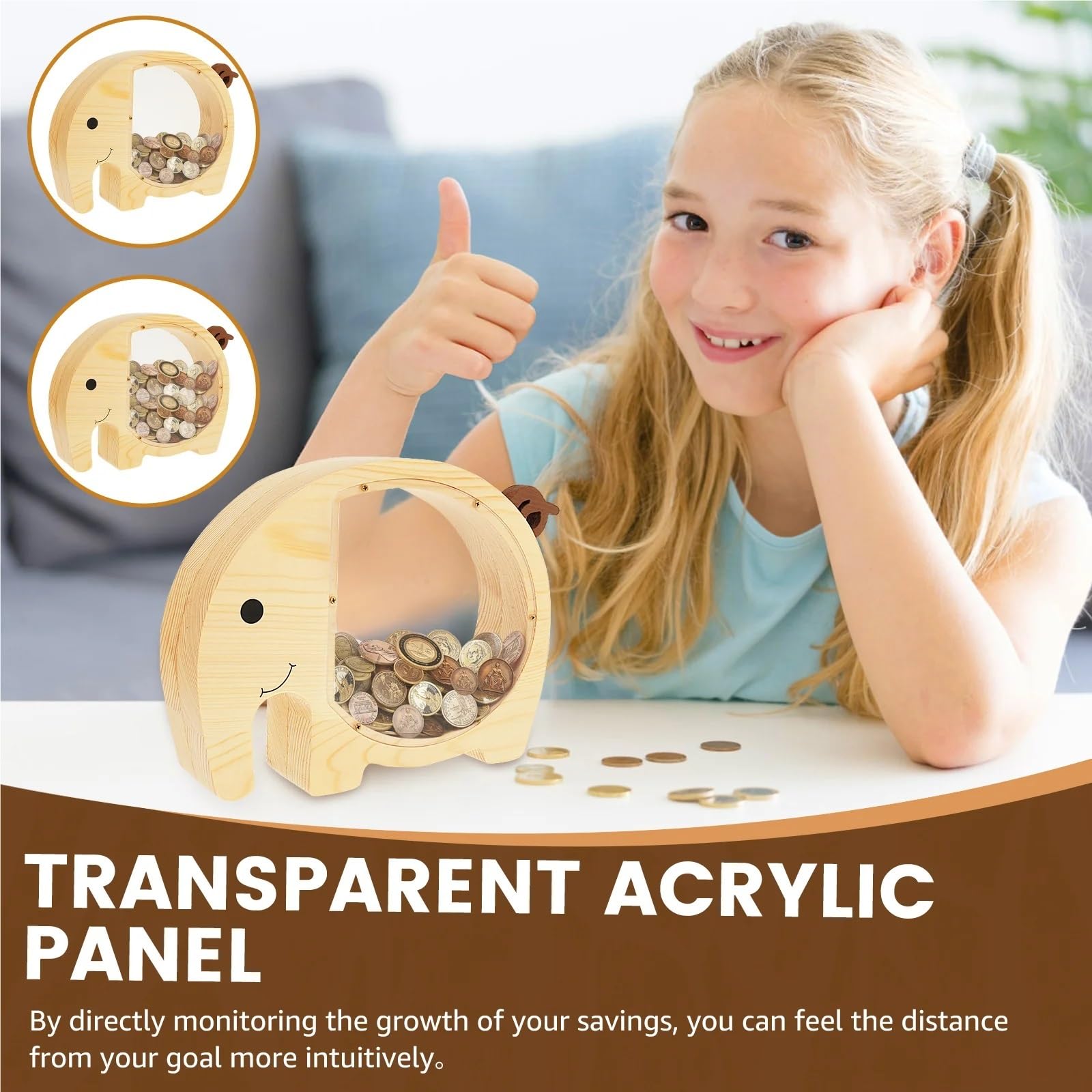 Tirelire en Bois en Forme d'éléphant avec Panneau Transparent, Tirelire réutilisable, Tirelire décorative, Jolie boîte d'épargne personnalisée