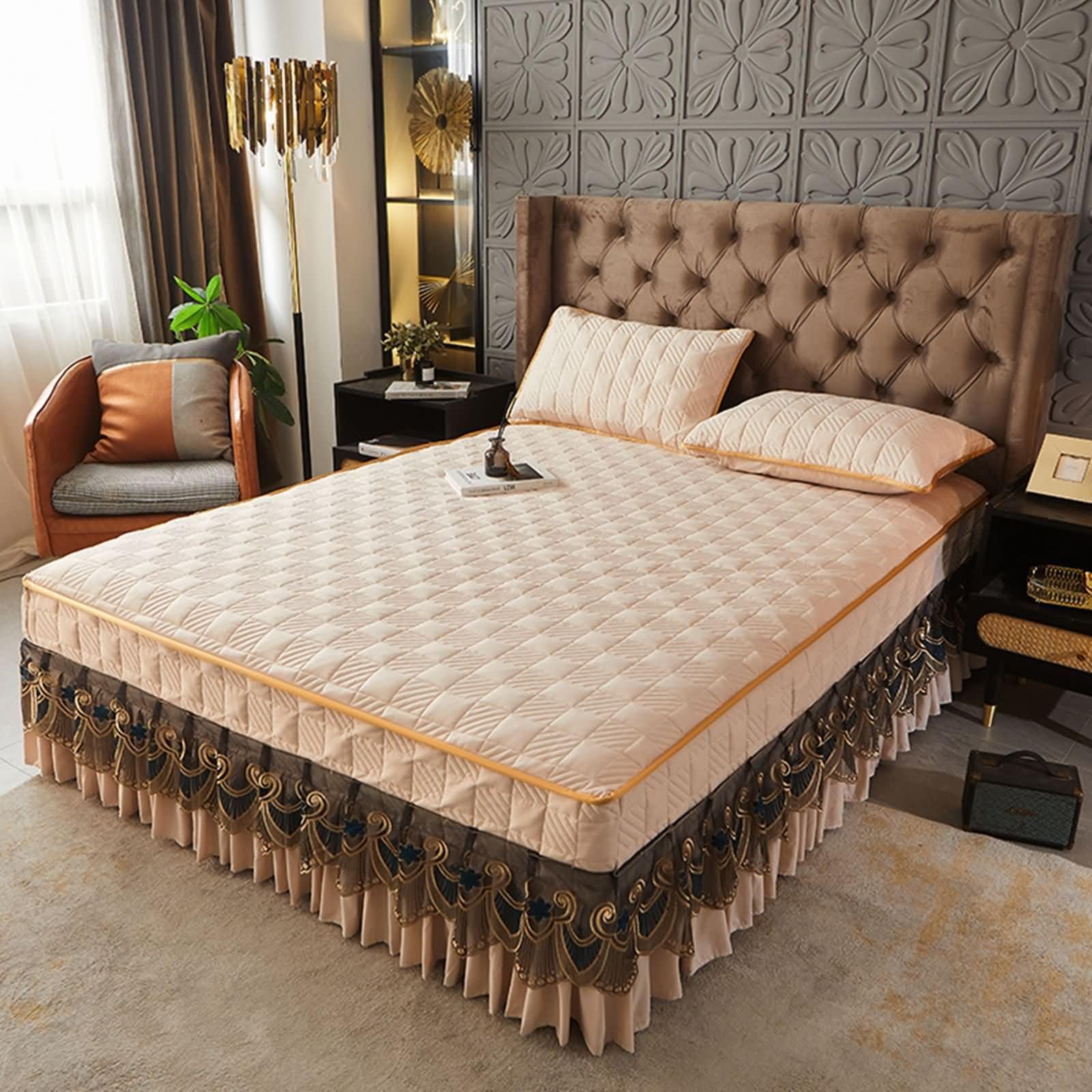 Lot de 3 Drap Housse Elastique Polyester Coton, Motif à Carreaux avec Dentelle Brodée, 120 x 200 CM + 2 Taies d'oreillers, Kaki Clair