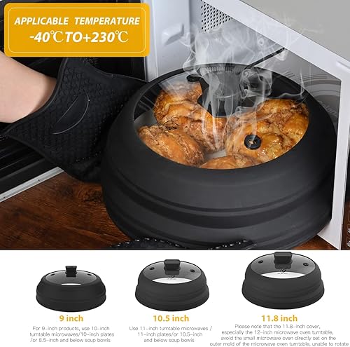 Miniatura 5 de Cubierta de vidrio para salpicaduras de microondas con silicona plegable para cubierta de alimentos, cubierta de placa de 10.5 pulgadas con guantes