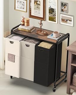 ELOWEN 3-Compartment Laundry Sorter with Wheels, 47.4 Gal Wooden Top Hamper, Pull-Out 900D Oxford Bags for Laundry Room Organization