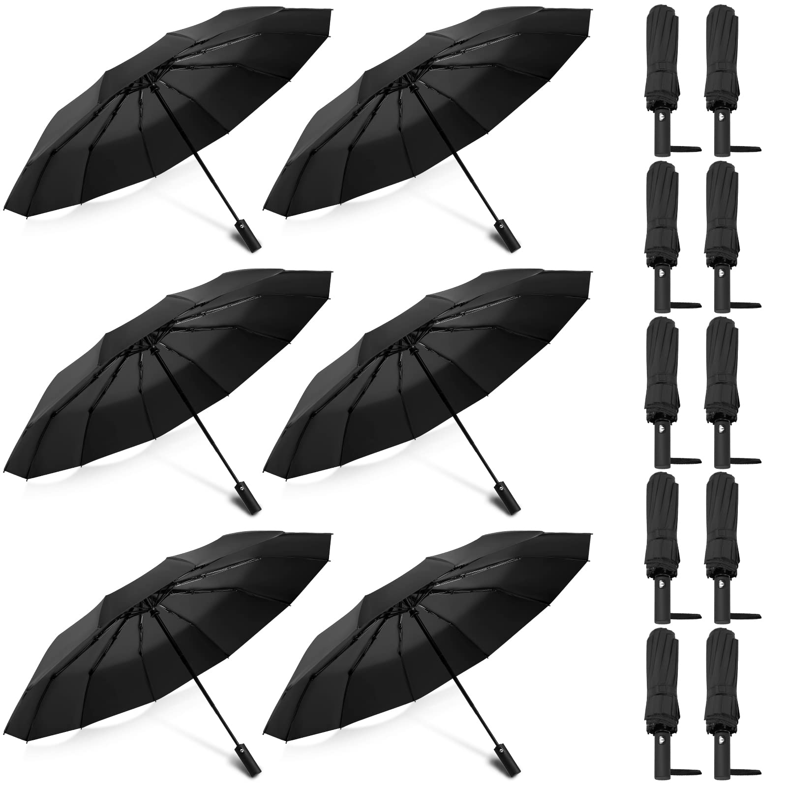 Fabbay 10 Pack Black Umbrella 12 Ribs Portable Umbrella UV Protection Windproof Travel Compact Umbrella with Vinyl Coating Rain Sun Auto Open Close Collapsible Folding Umbrella for Men Women Golf