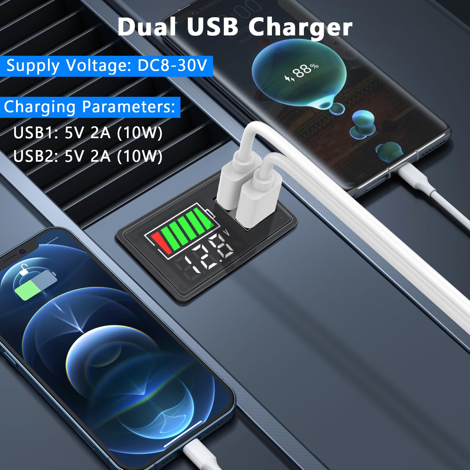 Moniteur De Tension De Batterie 8-30V LED Avec Double Port USB - Testeur Pour Batteries Plomb, Lithium, Voiture, Camping-car