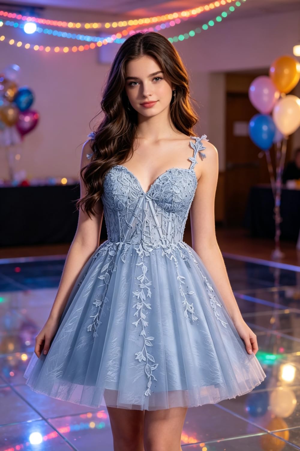 Eightale Vestido corto de tul con apliques de encaje para adolescentes, vestido de fiesta de graduación 2024