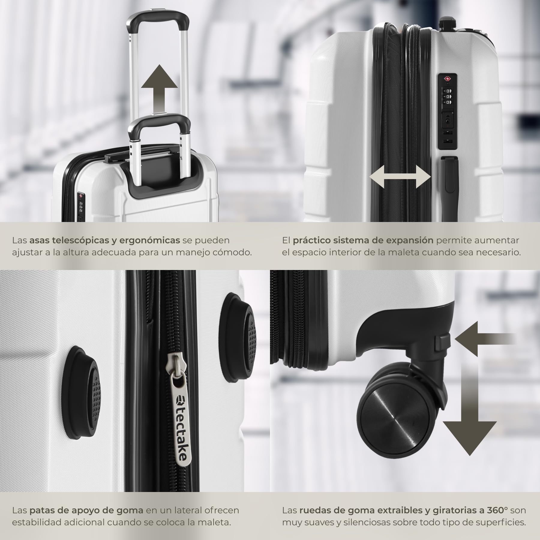 tectake® Juego de Maletas Apilables, 3 Piezas, Plástico ABS Resistente, Maletas de Viaje con Ruedas Giratorias 360°, Maleta Cabina, Maleta Mediana, Maleta Grande, TSA - Blanco