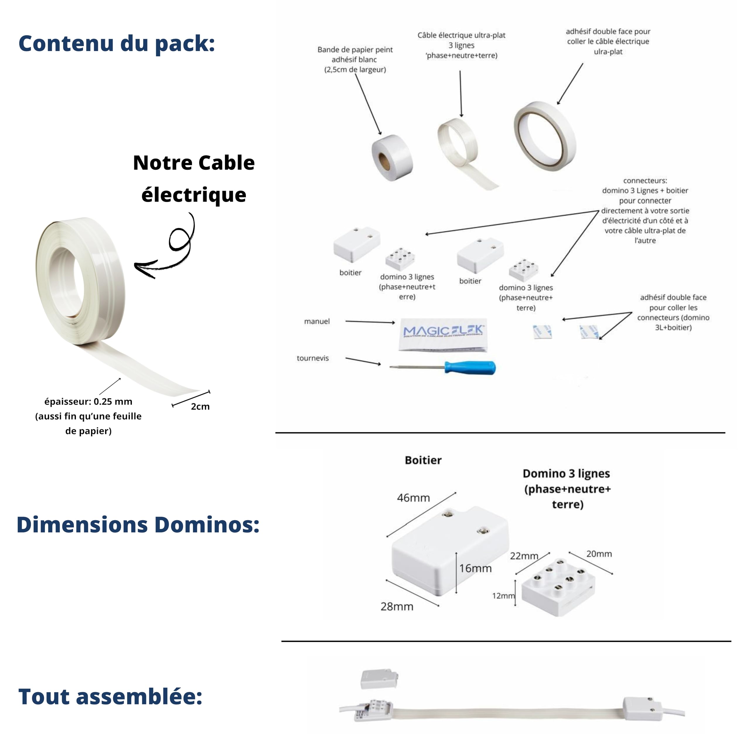 Cavo elettrico invisibile ultra piatto 10 m 230 V/16 A – 3 linee – Pacchetto luminoso scompare sotto vernice, carta da parati, piastrelle... Niente più scivoli passano cavo