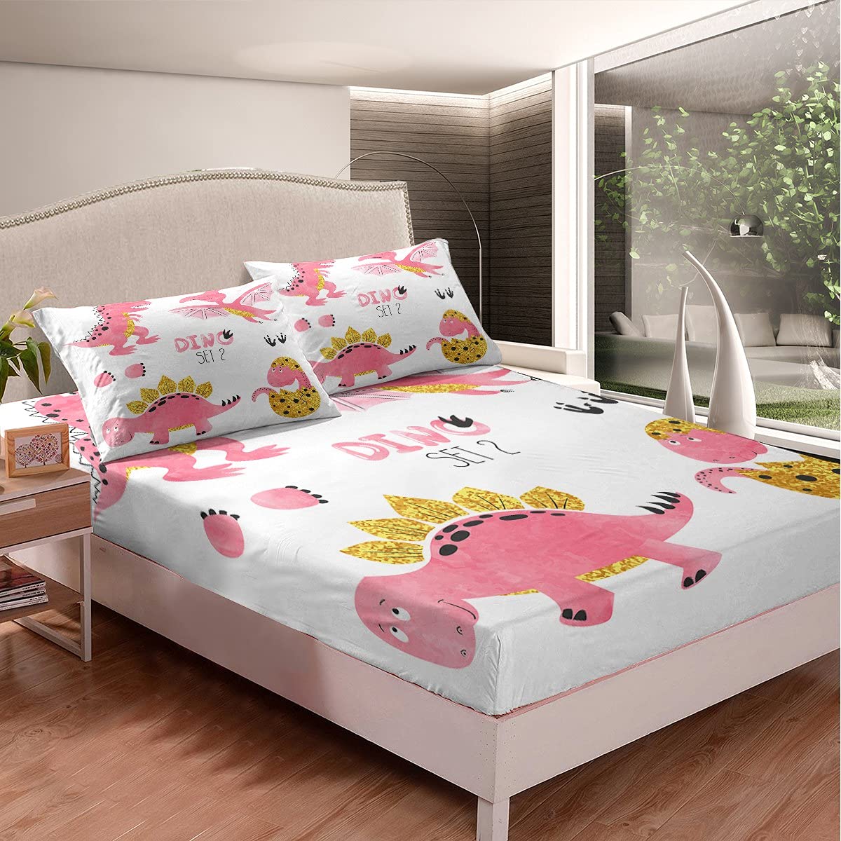 Juego de sábanas para niñas con Estampado de Dinosaurios para niños, Juego de sábanas con 2 Fundas de Almohada