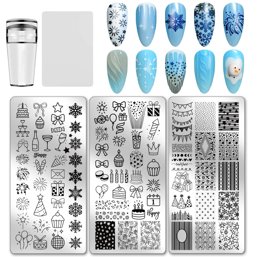 PH PandaHall 3pcs Cheer Nail Stamping Plate, Bow Cake Gift Fireworks Snowflake Nail Art Templates Lovely Stencils Stainless Steel Image Plates Tool for Birthday Christmas Holiday Winter Summer-image-49
