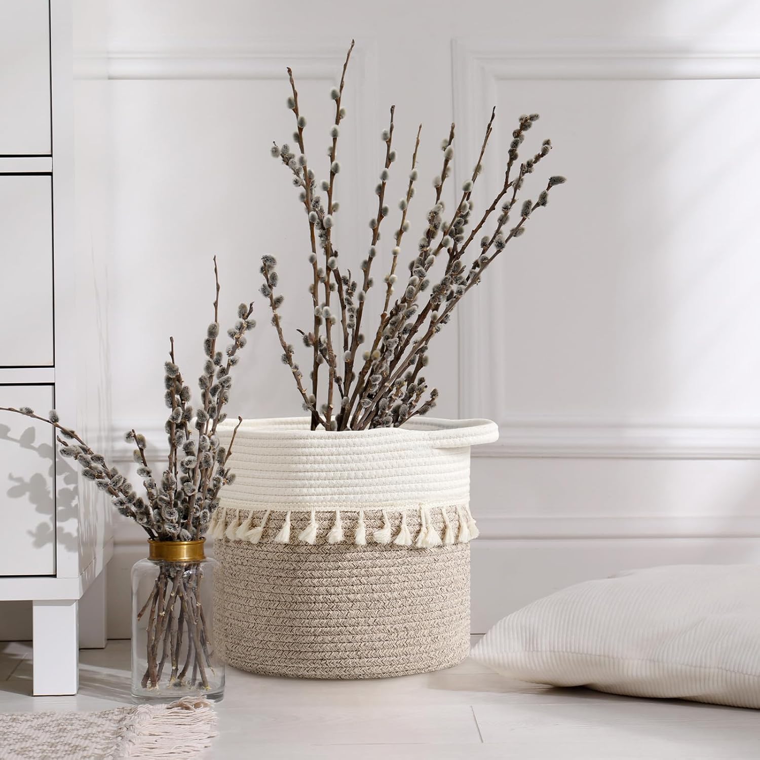 danpinera 11 Inch Storage Baskets Set of 3, Cotton Woven Baskets for Storage with Strong Handles & Stylish Tassel, Storage Bins, Decorative baskets for shelves, Nursery, Laundry, White & Mixed Brown