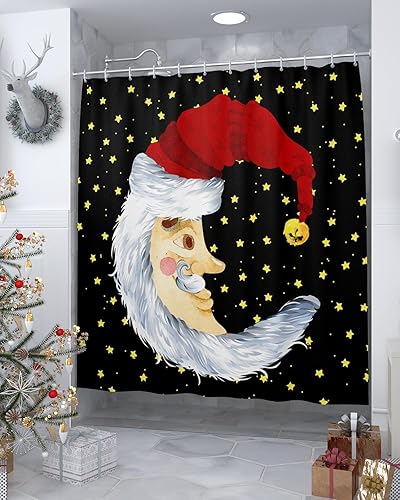 Miniatura 3 de Cortina de ducha de Navidad, decoración de baño, con forma de luna, Papá Noel, estrellas amarillas, cortinas de ducha impermeables, tela de