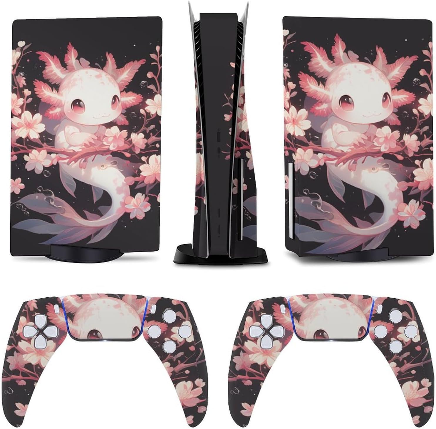 Cartoon Pink Axolotl Cherry Blossoms on Black 5 Skin Controller Accessories Cover Skins Anime Vinyl Cover Sticker Full Set for 5 Disc Edition