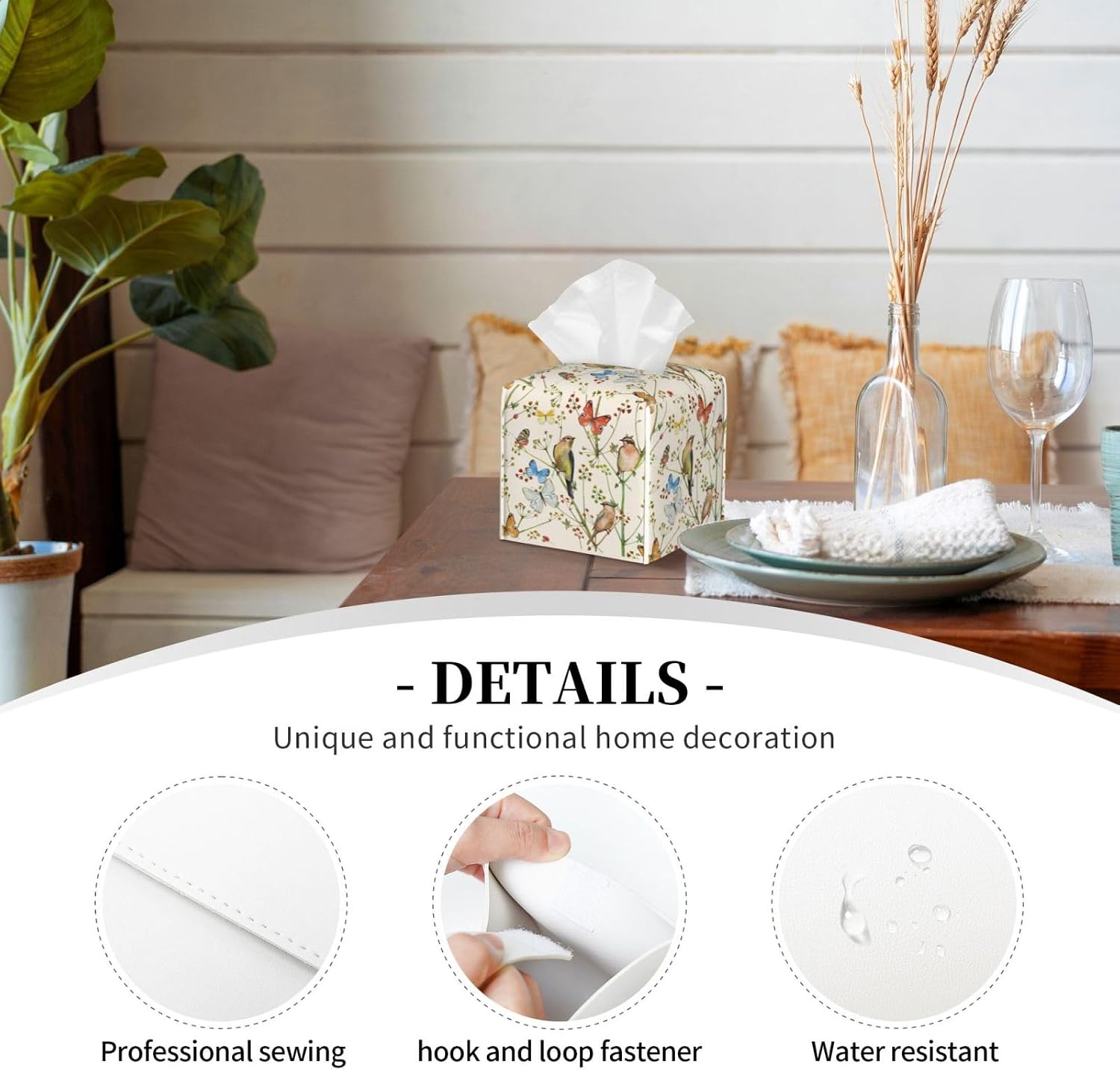 Bird Tissue Box Cover Square,Vintage Nature Watercolor Butterfly Tissue Box Holder Waterproof Leather Facial Paper Organizer Dispenser for Bathroom Home Car Kitchen Nightstand Vanity Desk Decoration image 3