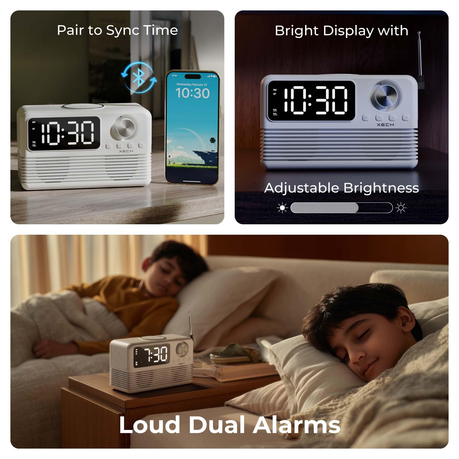 Xech Eon Max showing time sync with phone, adjustable brightness, and two children sleeping with the alarm clock.