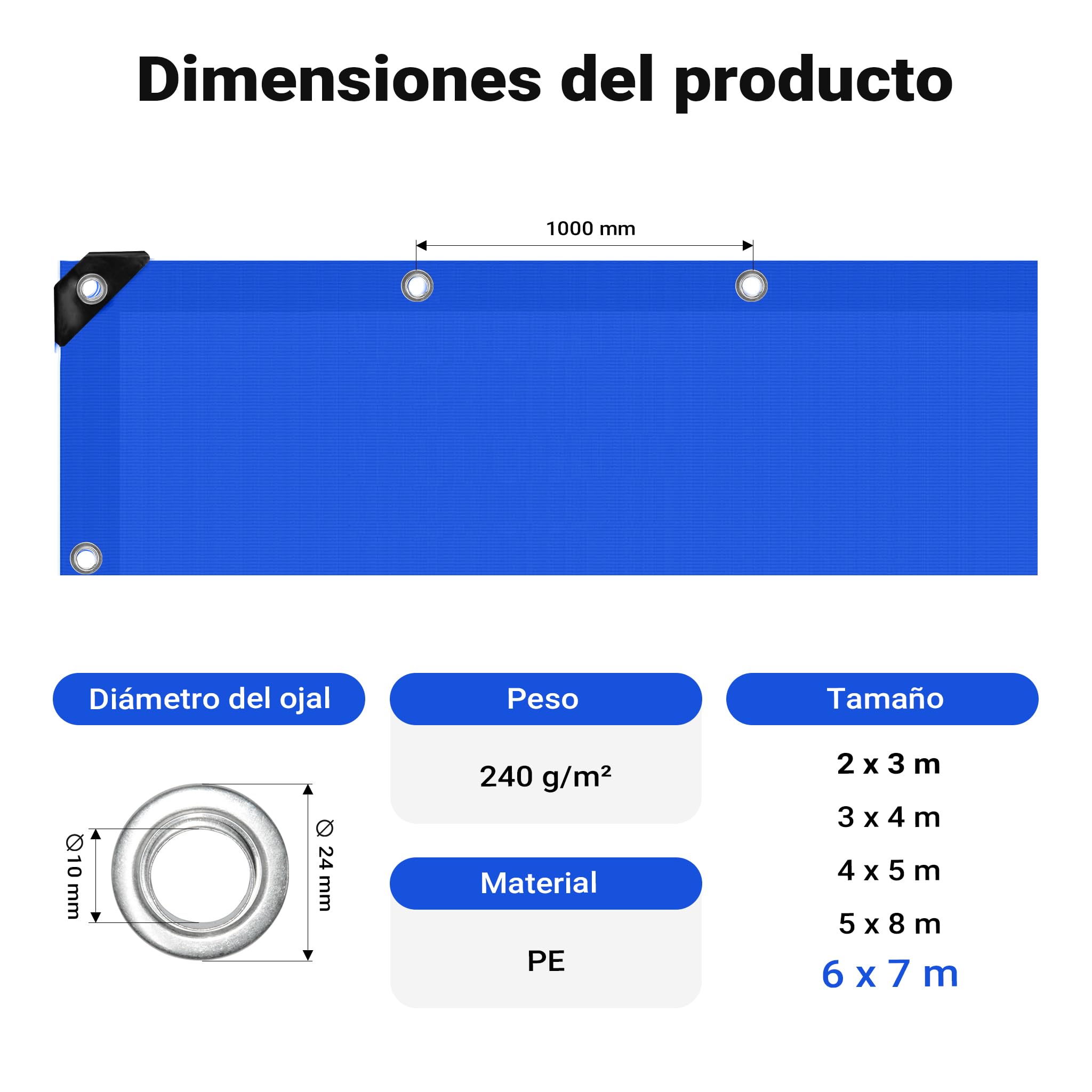 Wiltec Lona Impermeable Azul 7 x 6 m con Ojales de Aluminio, 240 g/m² Resistente a los Rayos UV, Moho y desgarro, de Polietileno con Bordes Reforzados, Ideal para Exteriores