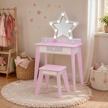 Teamson Kids Little Princess Star 2-Piece Kids Vanity Set with LED Illumination Mirror Storage Drawer and Matching Stool, White/Light Pink