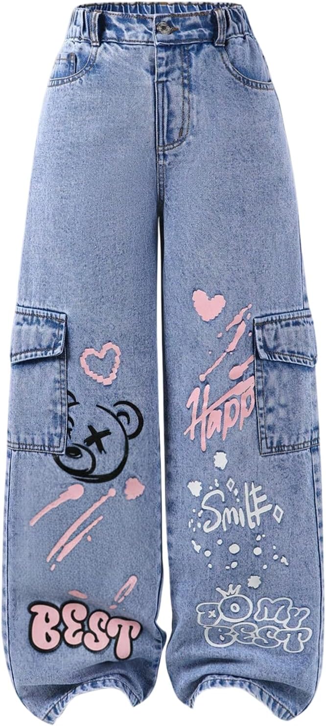 SweatyRocks Girl's Letter Print Baggy Jeans Y2k Graphic High Waisted Wide Leg Denim Pants Streetwear