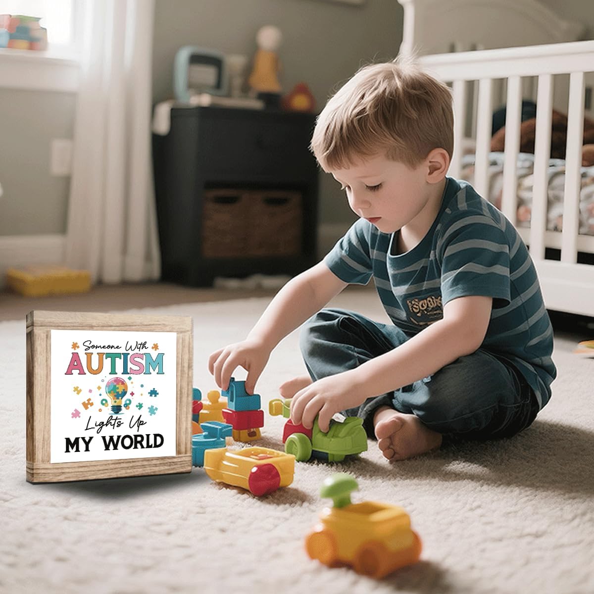 Wood Sign Someone With Autism Lights Up My World Signs Handmade Solid Wooden Plaque Autism Awareness Signs ASD Acceptance Decor Rustic Wood Sign For Home Desk Or Wall ASD Support Gift 5.9x5.9 Inch - Image 5