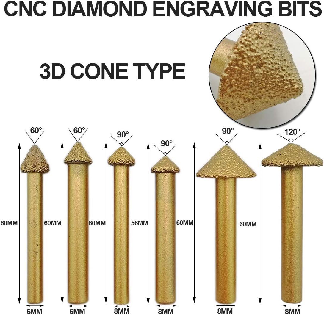 SHDIATOOL CNC Diamond Engraving Bits 90 Degree Shank 8mm 3D Stone Vaccum Brazed Carving Tools Pack of 5