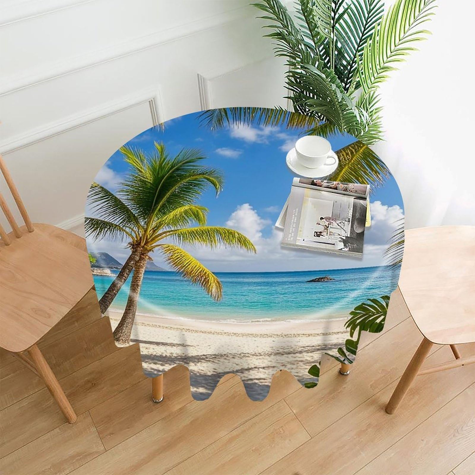 VstaDank Tropical Palm Tree Hawaii Beach Table Cloth Fashions Washable Round Tablecloth Decorative Table Cover Comfortable Straight Edge Tablecover for Dining Kitchen Party Outdoor 60 Inch