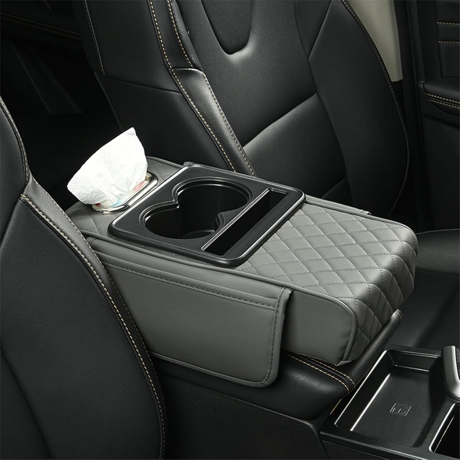 Integrated Pressurized Multifunctional Car Armrest Heightening Pad, Multifunctional Car Armrest Cushion, with 2 Cup Holder, Phone Storage Slot, Comfortable Support, Reduces Fatigue (Black+Red)