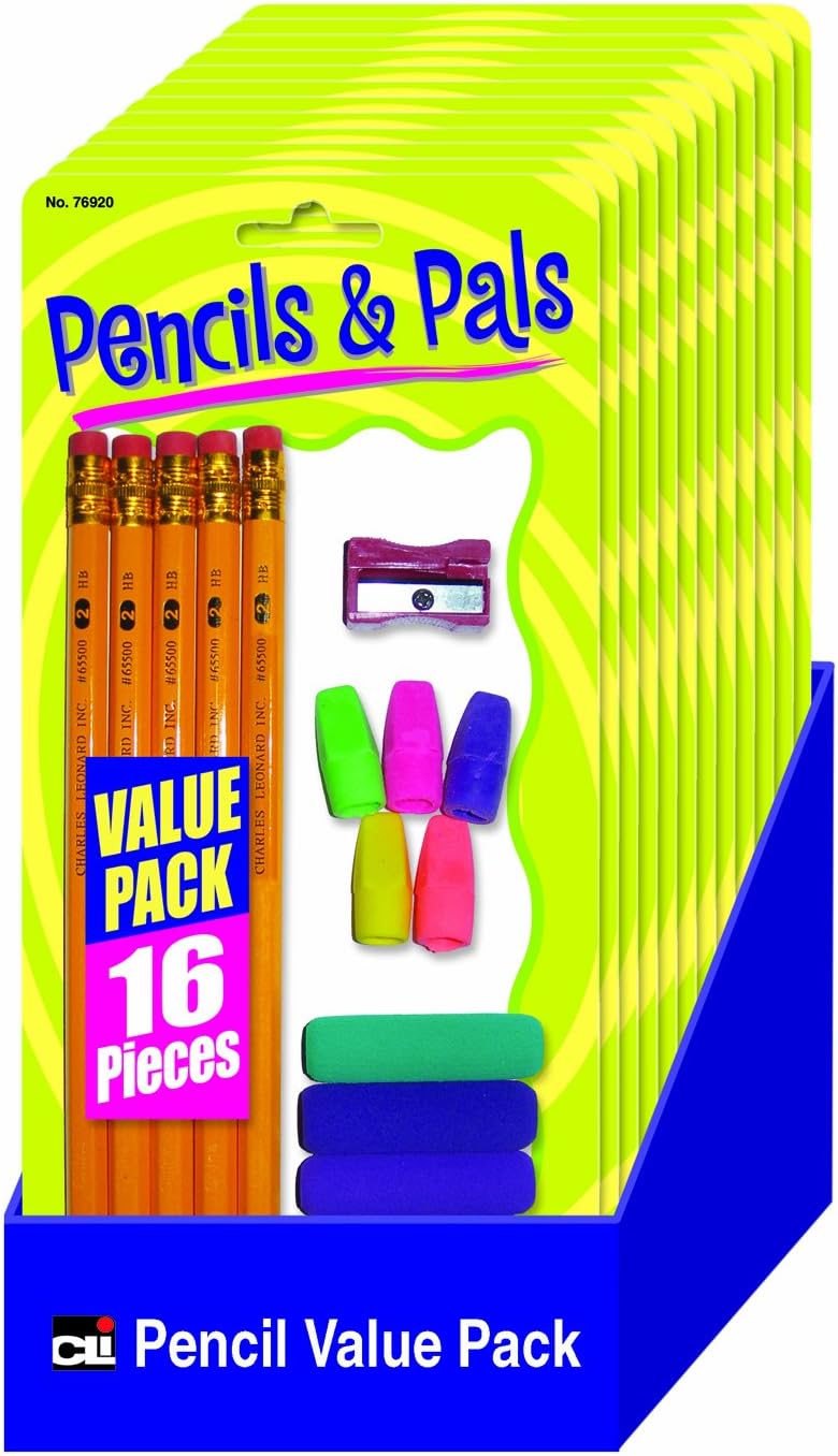 Charles Leonard Pencil and Pals Combo Value Pack, 5 Pencils, 5 Pencil Grips, 5 Eraser Caps and 1 Sharpener, Assorted Colors, 12 Packs and Shelf Tray (76920-ST)