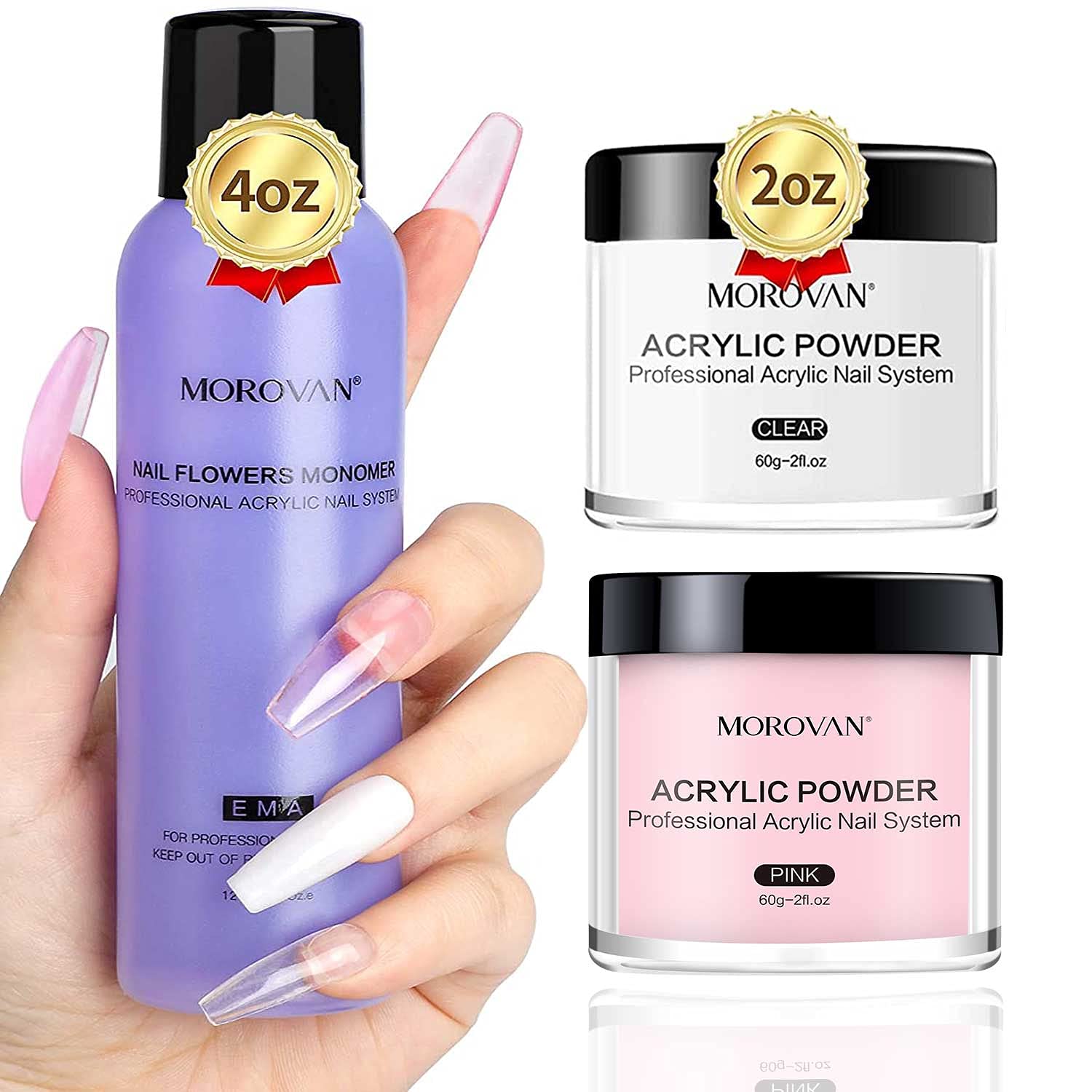 Morovan Acrylic Powder and Liquid Set Acrylic Nail Kit With 4oz Acrylic Powder and 4oz Professional EMA Monomer Acrylic Nail Liquid for Acrylic Nails Extension Carving