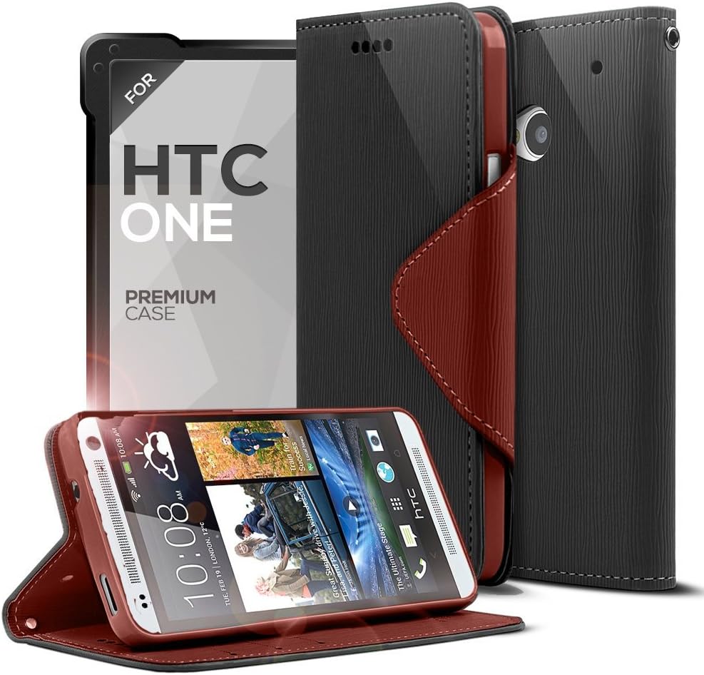 Cellto HTC ONE Premium Wallet Case with Reversible Magnetic Flap [Slim Ultra Fit] [Black Brown] Diary Cover/w ID Pocket (HTC ONE 2013, M7) - with Life Time Warranty