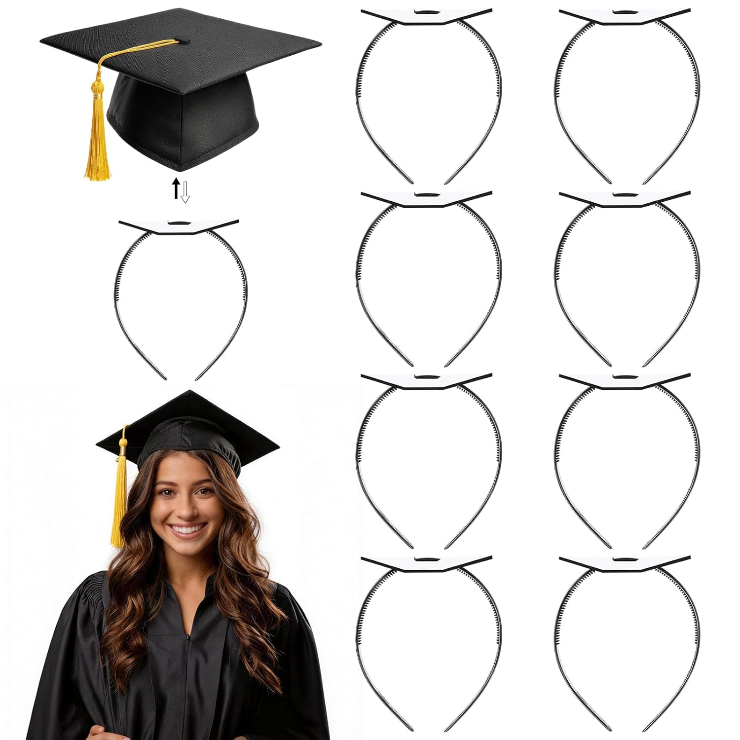 Graduation Cap Headband 8 Pack Anti Slip Adjustable Hat Band Insert Hair Accessories Black Plastic Holders for Grad Cap Decorations College High School Ceremony