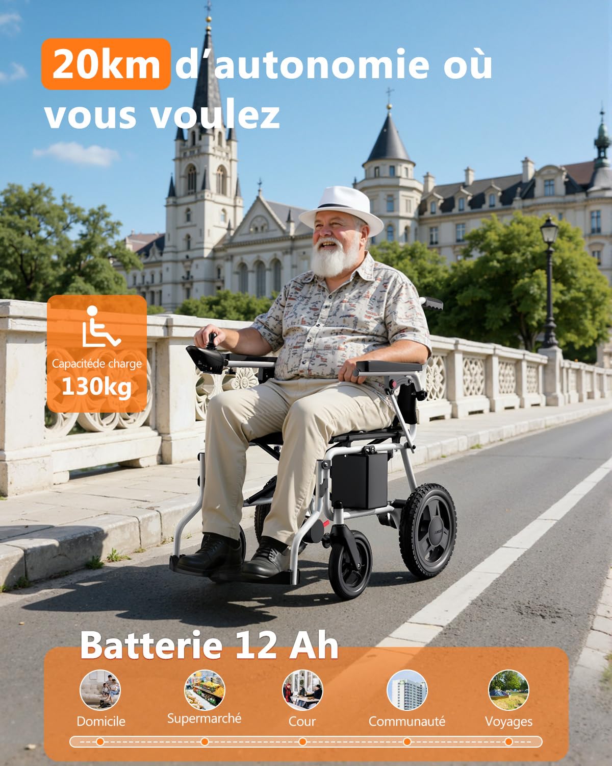 fauteuil roulant electrique pliable– autonomie 20 km, poids 16,8 kg, pliable et compact, idéal pour la maison et les voyages. Capacité de charge 125 kg, adapté à tous les terrains