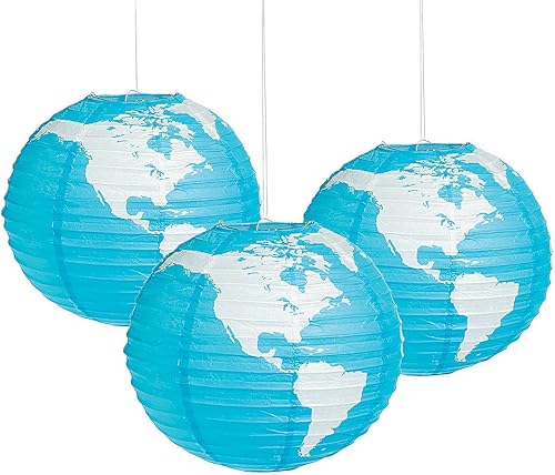 Fun Express Juego de 3 linternas de papel colgantes de globo terráqueo de 12 pulgadas, decoraciones de fiesta, globos y decoración divertida