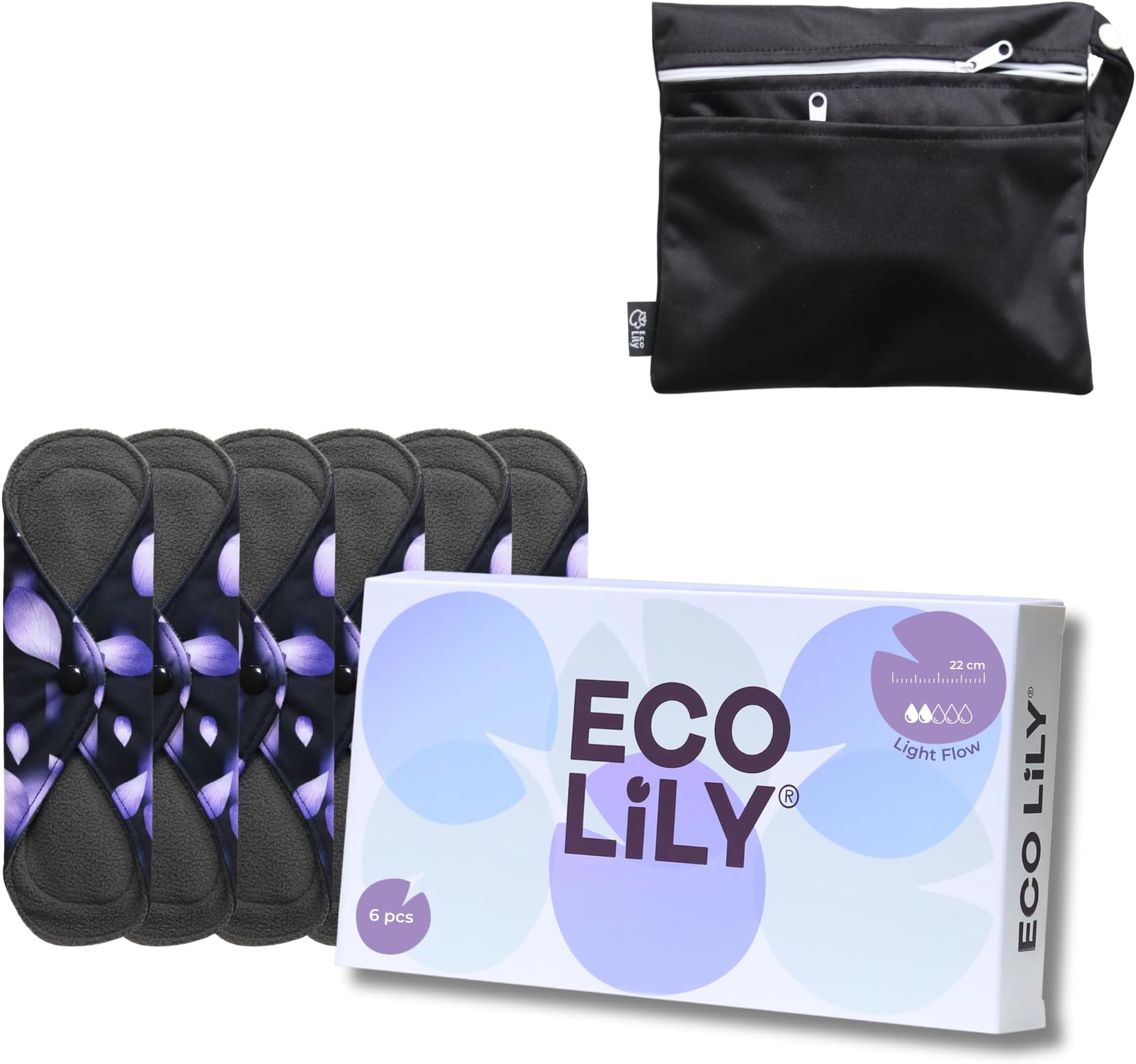 Reusable Sanitary Pads - Pantyliner (6Pk) - Leakproof Odour-Absorbing Charcoal Bamboo Pads with Waterproof Wet Bag