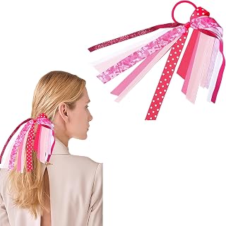 Breast Cancer Awareness Hair Ties Glitter Pink Ribbon Ponytail Holders Elastic Hair Bands Ropes for Women Girls Pink Long Ribbon Hair Accessories for Party Fundraising Event(StyleA)