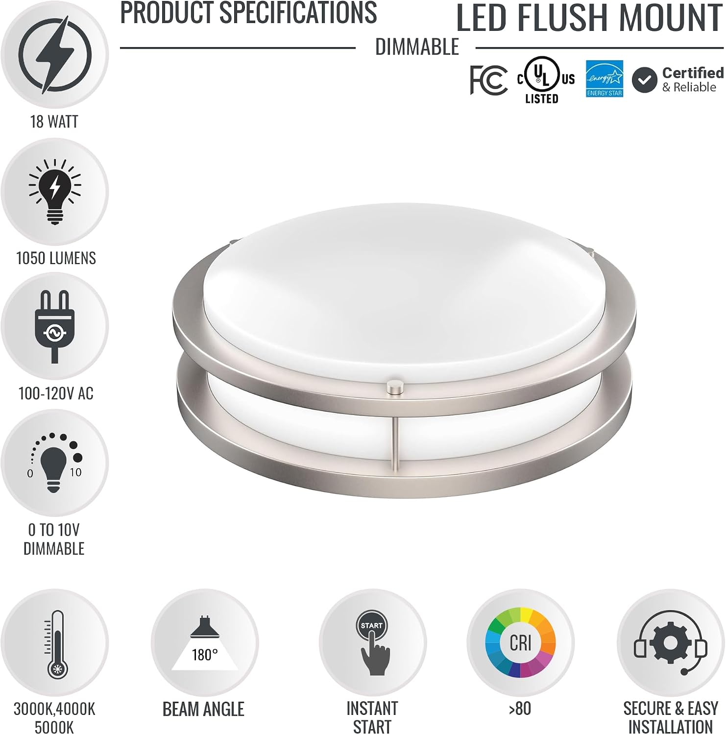 LedMyplace 12 Inch 18W Modern Light Fixtures, Indoor Flush Mount Lighting, Pack of 4, Color Switchable 3000K/4000K/5000K, 1050 Lumens, 120V, High CRI, Brushed Nickel Led Ceiling Lights