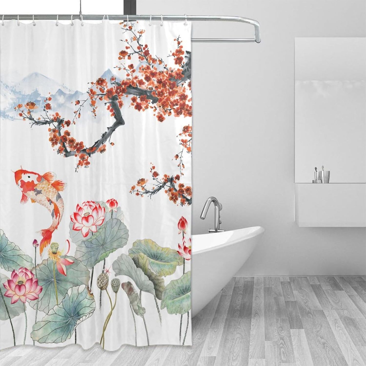 Japanese Koi Fish Shower Curtain,Spring Nature Landscape Cherry Blossoms Floral Print Shower Curtain for Bathroom Decor Asia Oriental Theme Fabric Waterproof Upholstery Hook 72x72inch