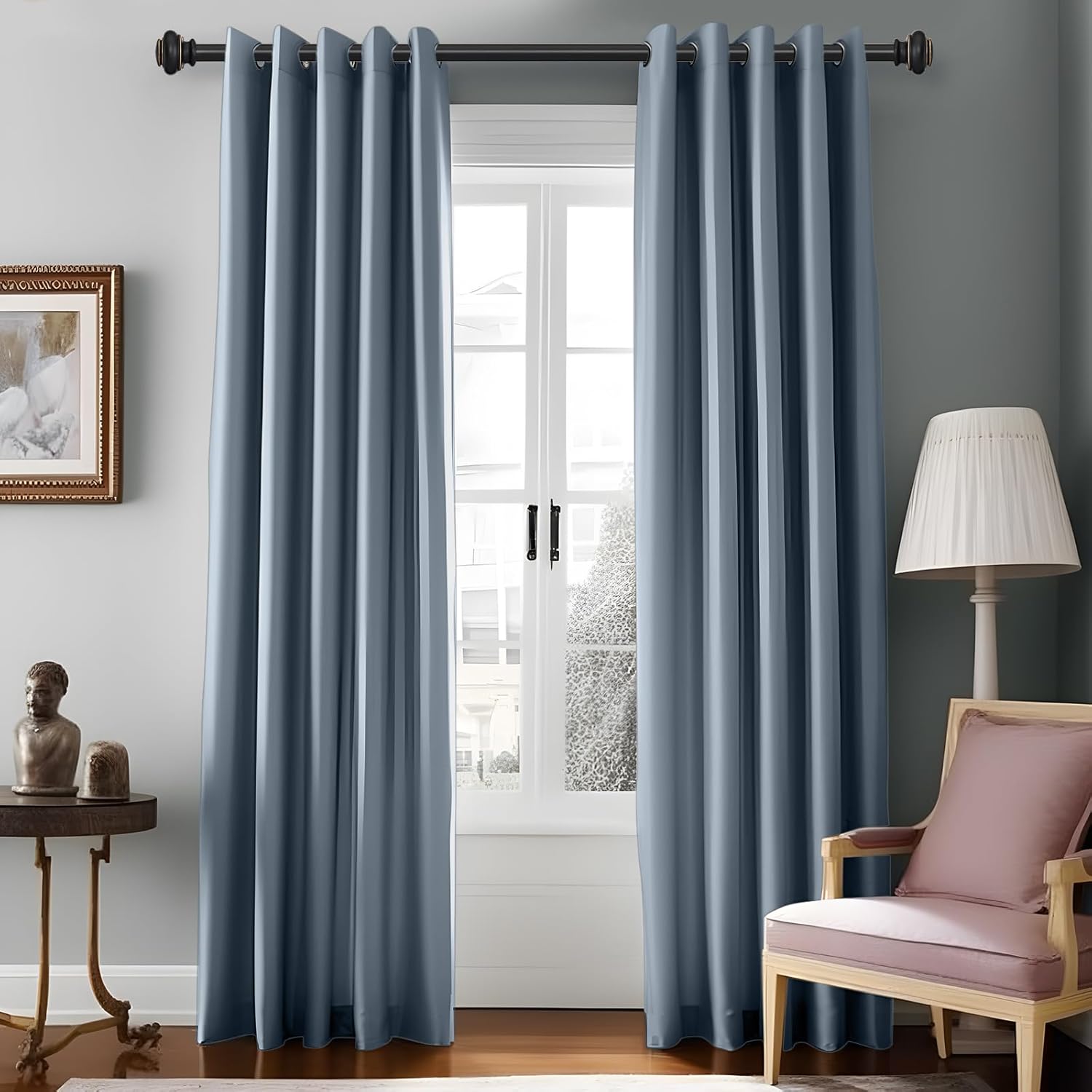 SIMEWIN Heavy Duty Curtain Rods for Windows 48 to 84 Inches, Black Curtain Rods for Bedroom, Living Room, Patio, Kitchen, Adjustable with Classic Finials, Black with Gold Finishing