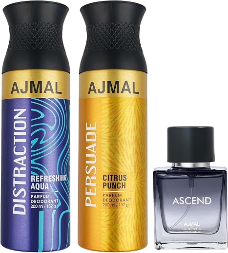 Ajmal DISTRACTION DEODORANT 200 ML for Unisex and Ajmal PERSUADE DEODORANT 200 ML for Unisex and Ajmal ASCEND EDP 50 ML fo...