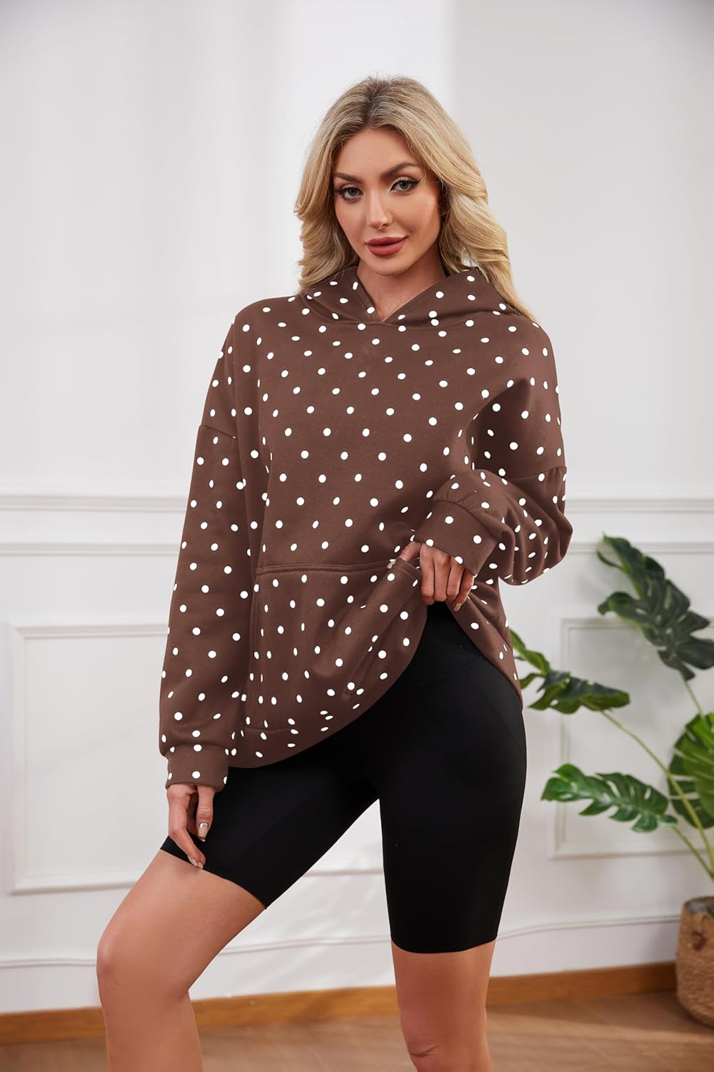 Womens Polka Dot Hoodie Oversized Fleece Long Sleeve Drop Shoulder Graphic Print Aesthetic Hooded Sweatshirt Trendy - Image 5