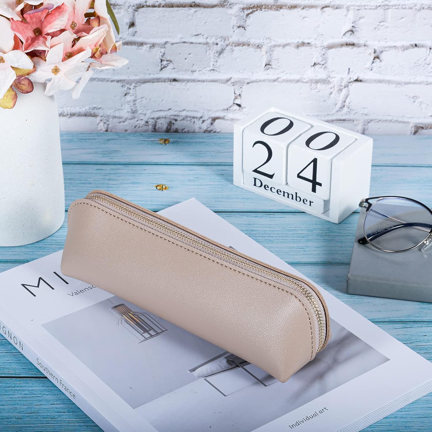 Fyore Leather Pencil Case Slim Design Pen Bag with Metallic Zipper Pocket Size for or Student Office College Middle School - Image 4