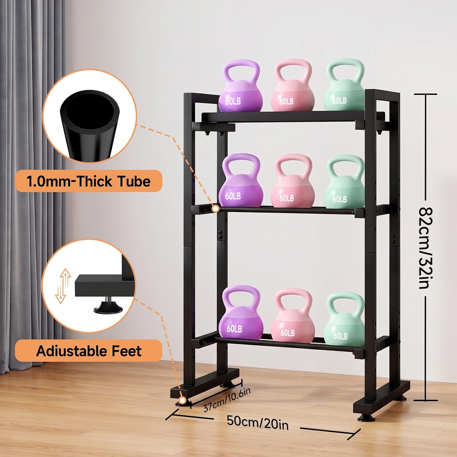 SYQ 3 Tier Adjustable Dumbbell Rack 20 IN Length Weight for Home Gym Storage Kettlebells & Free Weights Space-Saving Dumbbell Stand Only(Up to 550LB Capacity)