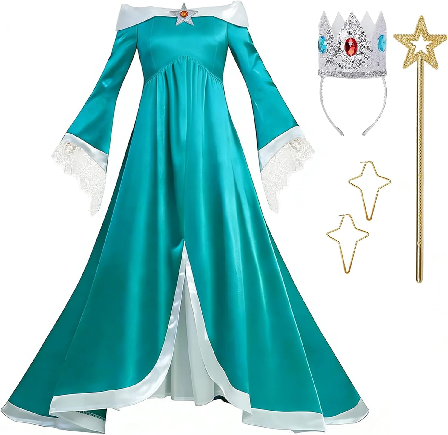 Women's Princess Costume Adult Galaxy Movie Off Shoulder Fancy Dress Gown with Crown Earrings Wand Cosplay Full Set
