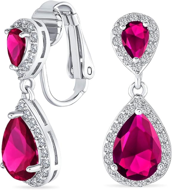 Vintage Style Bridal Cubic Zirconia Simulated Gemstone Teardrop AAA CZ Halo Dangle Drop Chandelier Clip On Earrings For Women Silver Rose Gold Plated in Black Purple Blue Red Rose Pink Green Clear