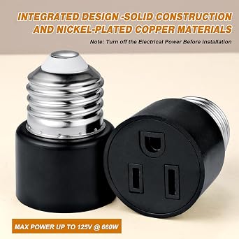 3 Prong Light Socket to Outlet Adapter, E26/E27 Screw in Light Bulb to Plug Adapter, Polarized Light Socket Converter for Porch Light, Garage Light, Camera and Light Strings(1, Black)