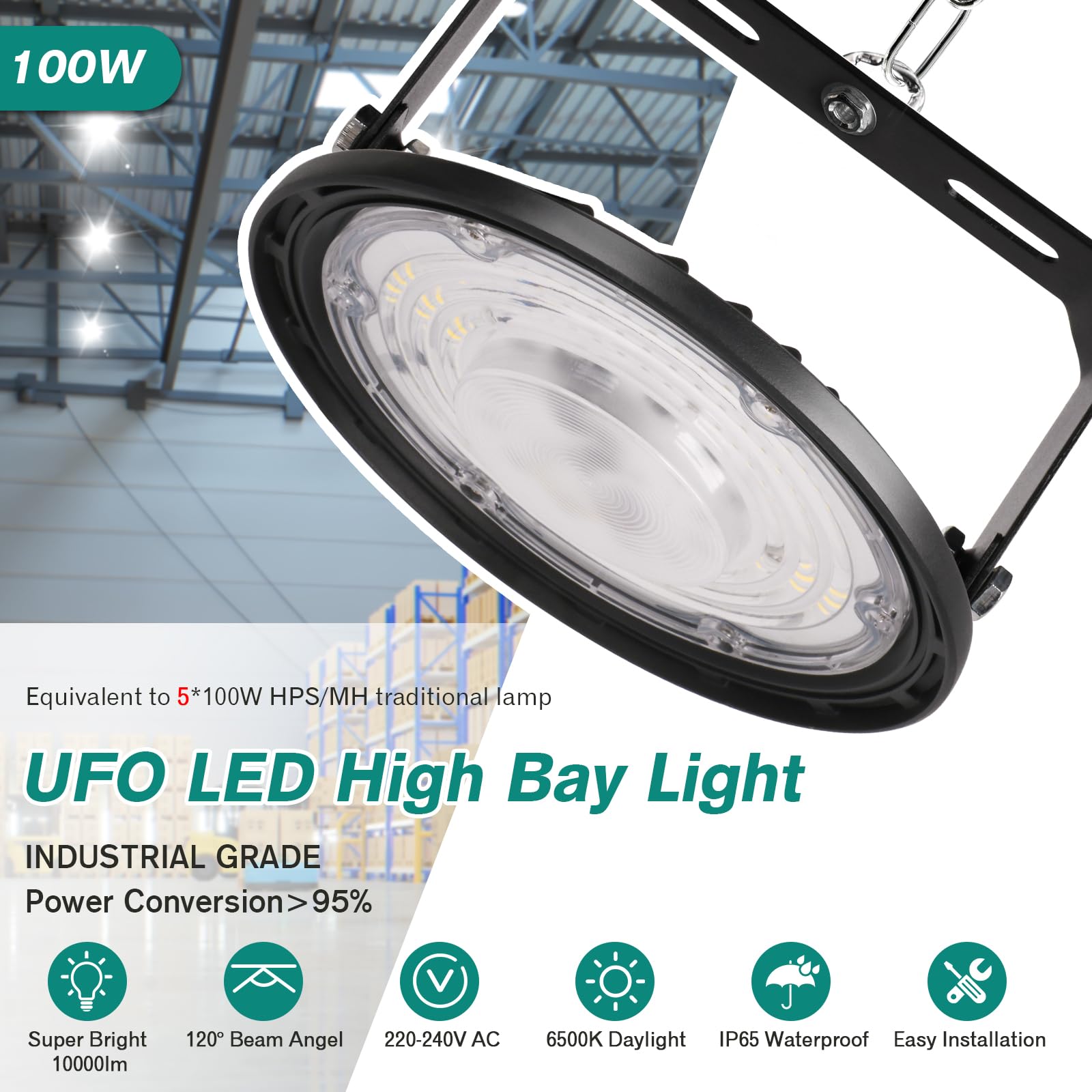 Fosingut 100W Industrial LED Floodlight,10000LM High Bay Spot Light Workshop Lighting,Cool White 6500K IP65 Waterproof UFO Ceiling Light LED Interior Chandelier for Warehouse,Factory,Hall,Gym - Image 2