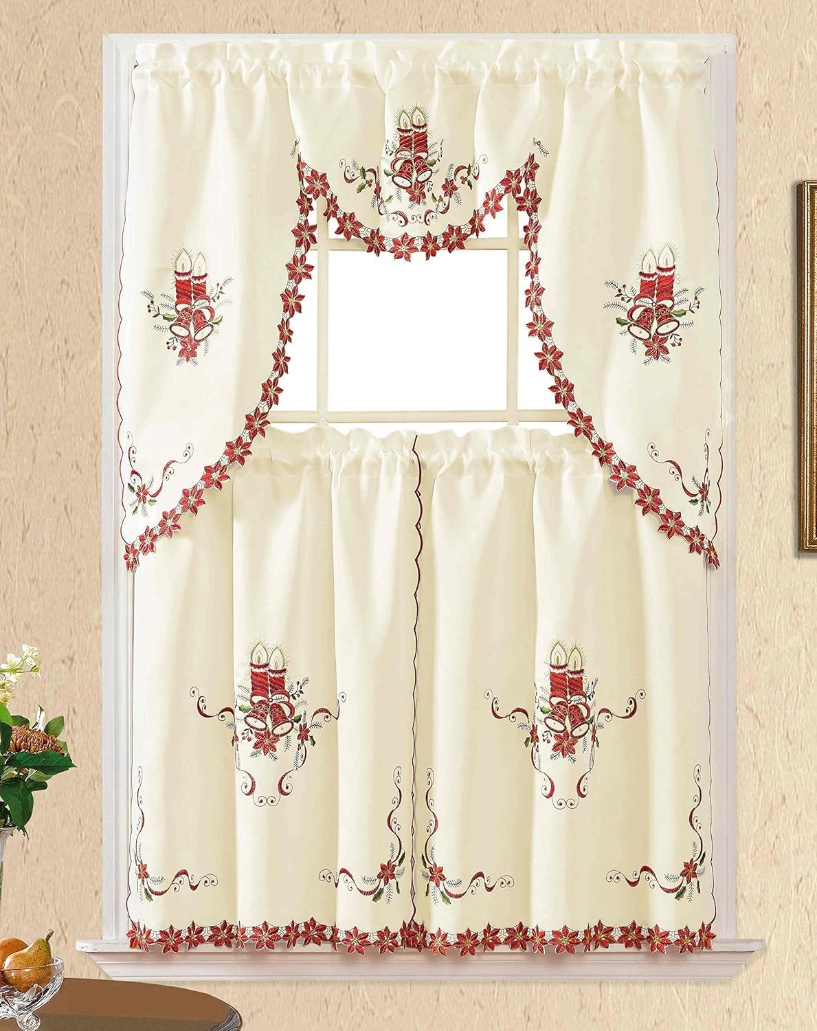 3pcs Multi-Color Embroidery Kitchen Curtains for Windows with cutworks, Swag Valance and Tiers Set,Multi-Color Kitchen Cafe Curtain Set（Beige） (Multicolor)