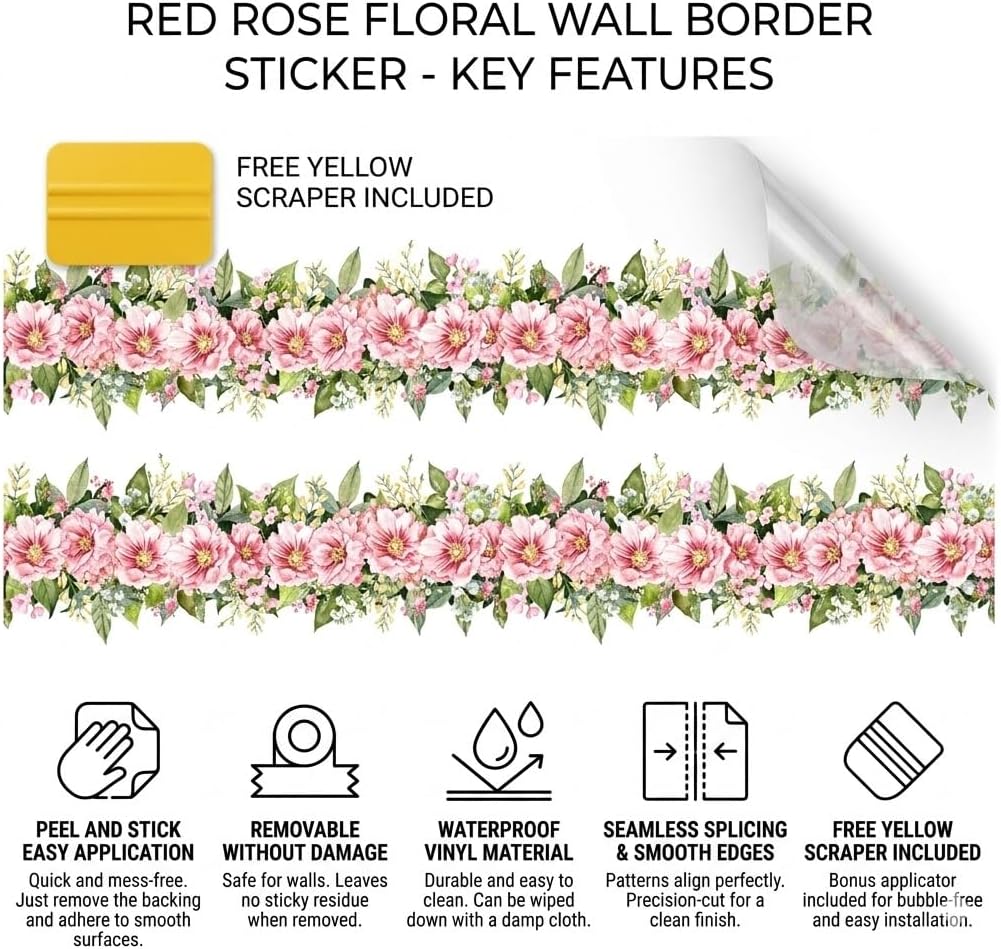 Vine Wall Stickers Yellow Flower Wall Decals Border, Peel and Stick Floral Wall Decor for Living Room Bedroom Window Glass, Waterproof Removable Vinyl Wall Stickers, Pink Flower image 3