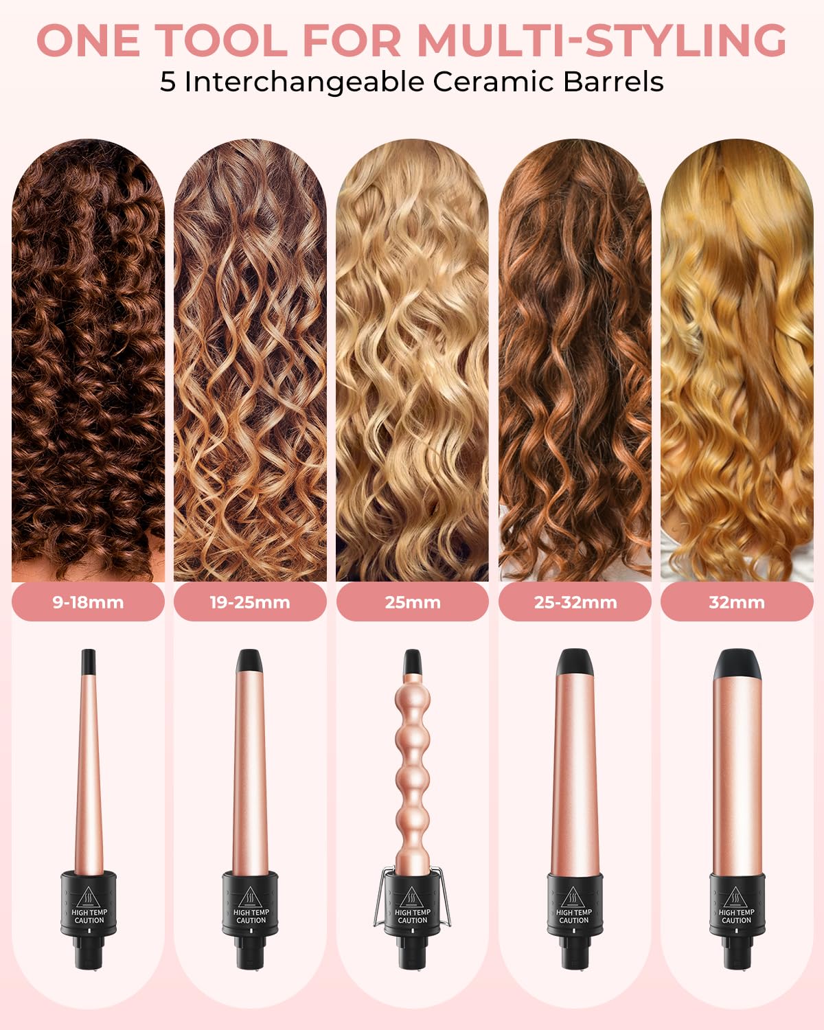 Rizador Pelo 5 en 1, Ohuhu Tenacillas De Pelo Profesional con Barril Cerámico Intercambiable y Guante Protector Para Todo Tipo de Cabello, Calentamiento Instantáneo y Temperatura Ajustable