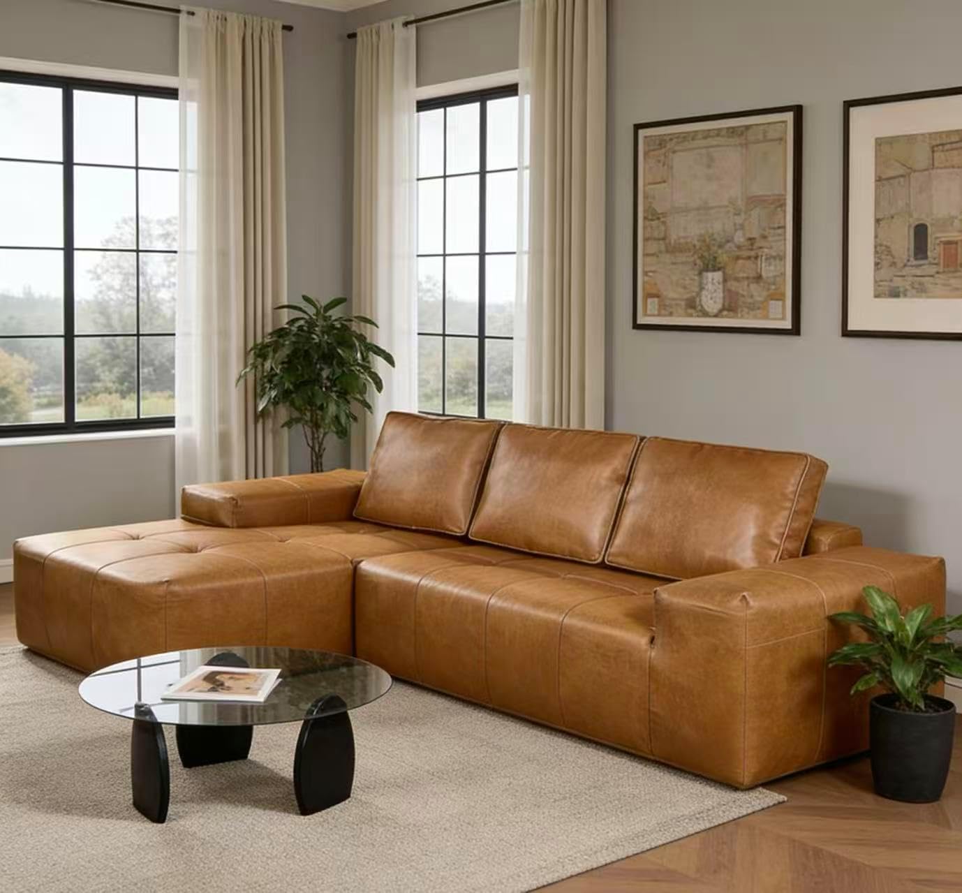 Oversized Cloud Boneless Sofa Couch with Chaise, Brown Faux
