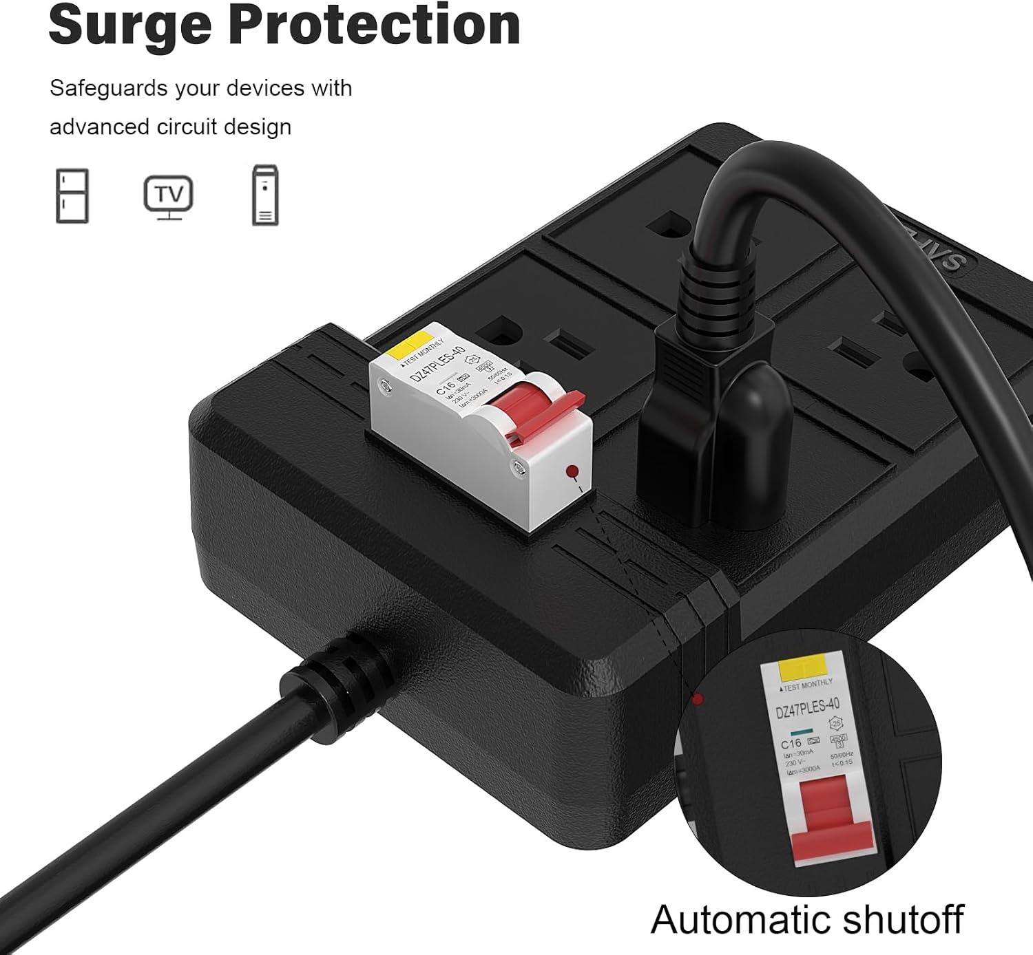 GFCI Power Strips with 9.84 FT Heavy Duty Extension Cord, 4 Gang Sockets 15A Fused SAFEMORE Power Strip 1875J with 30mA RCBO Leakage Protection,Surge Protected for Workshop Garage RV Indoor (Black)