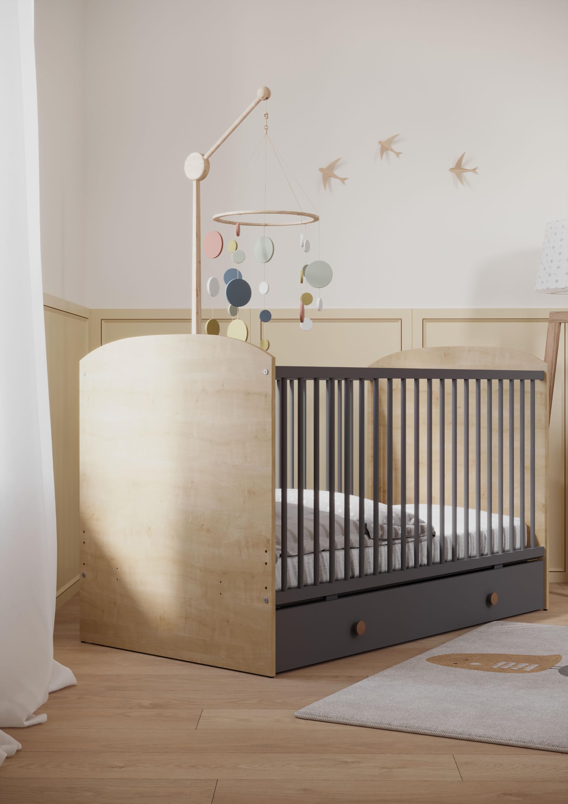 Lit Bebe Noir et Couleur Bois 60x120 cm pour Enfant de 0 à 3 Ans – Barreaux Sécurisés – Berceau et lit bébé Made in France