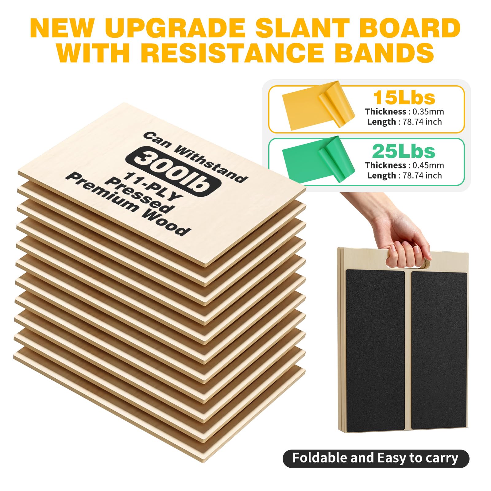 Slant Board for Calf Stretching, Adjustable Portable Wooden Board with 2 Resistance Bands & Training Poster,300 lbs Weight Capacity Calf Stretch Wedge for Legs, Knees & Flexibility Training