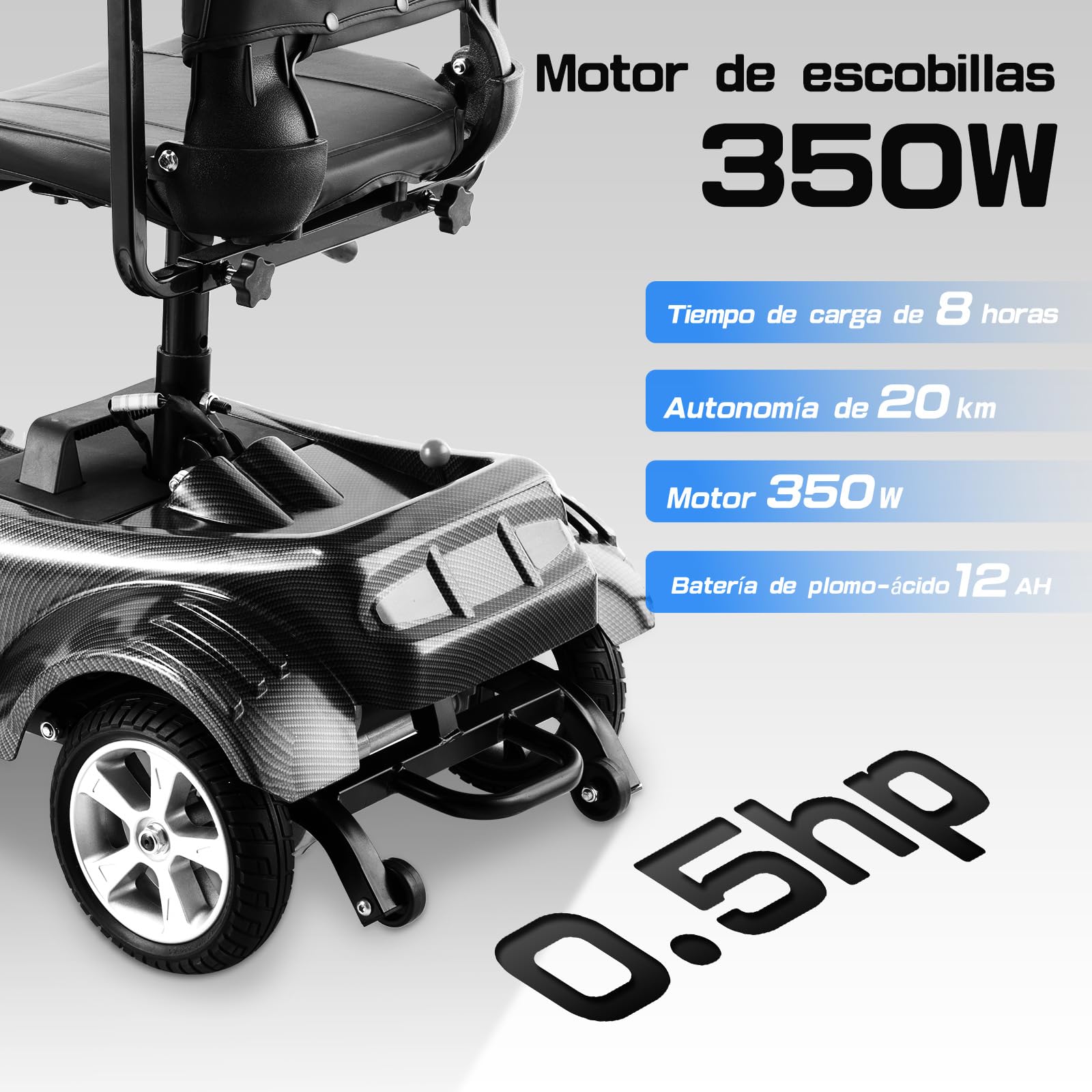 Z02 Scooters para discapacitados plegable para mayores, autonomía de 20 km, motor de 350 W, diseño estable antivuelco, asiento giratorio de 360°, luces LED, fácil de usar, 5 años soporte - Negro